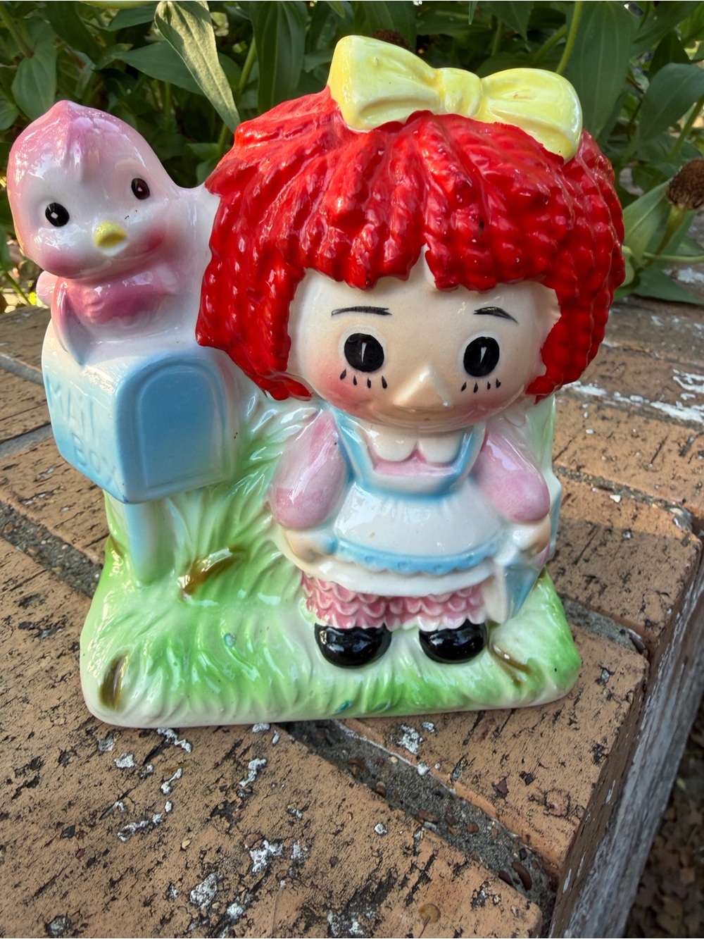 Raggedy Ann With Letter Mailbox Pink Bird Ceramic Planter Ardco Dallas Ceramics